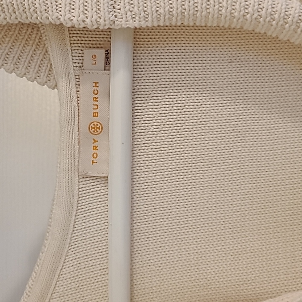 Tory Burch Women’s Baja Mixed Knit Hoodie Cream Tassel V Neck Pullover Sweater L - Picture 3 of 4